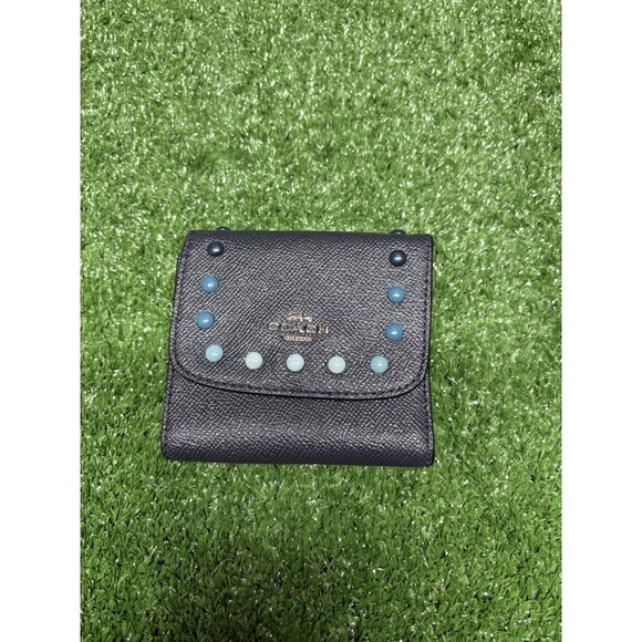 Coach Handbags - Womens Coach Navy Blue Studded Rivets Leather Small Trifold Snap Wallet